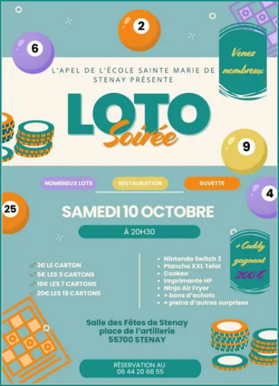 LOTO organisé par l"APEL de l'école Ste-Marie le 10 octobre à la salle des fêtes de Stenay